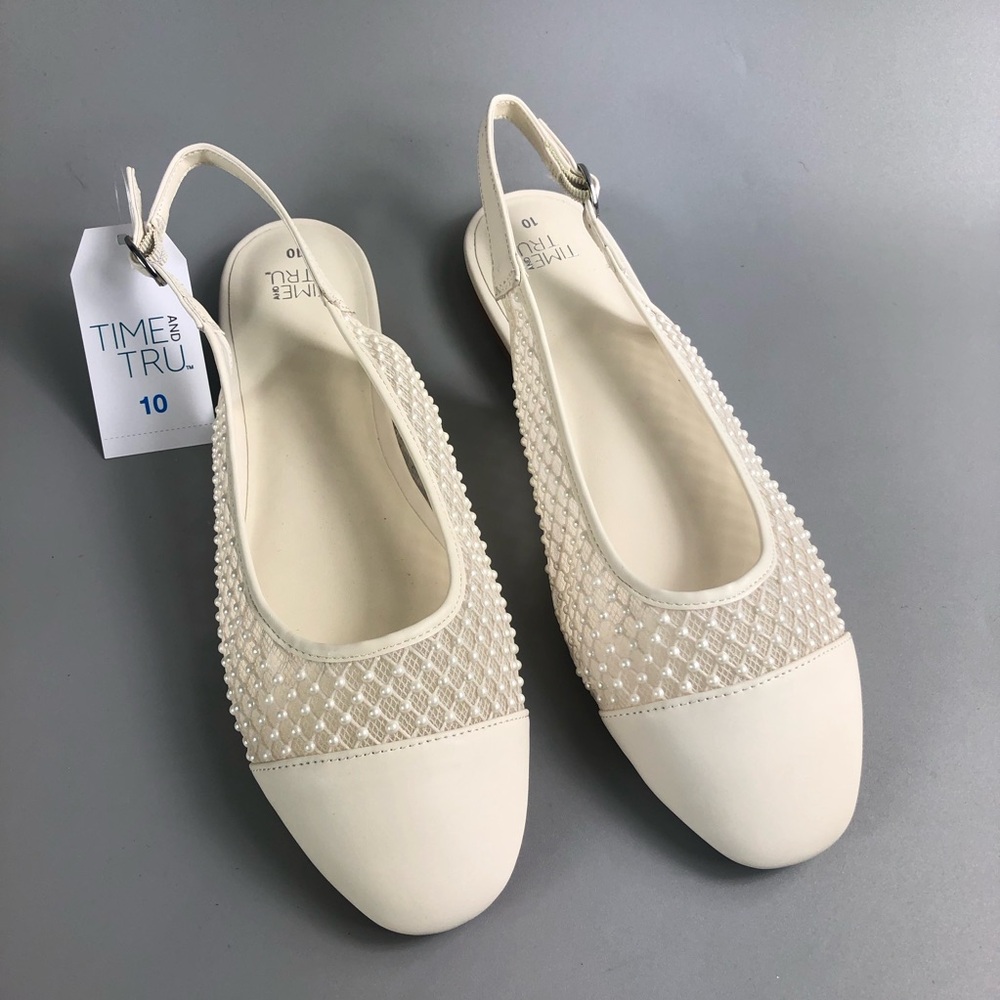 Time and Tru Cream Pearl-Embellished Slingback Flats